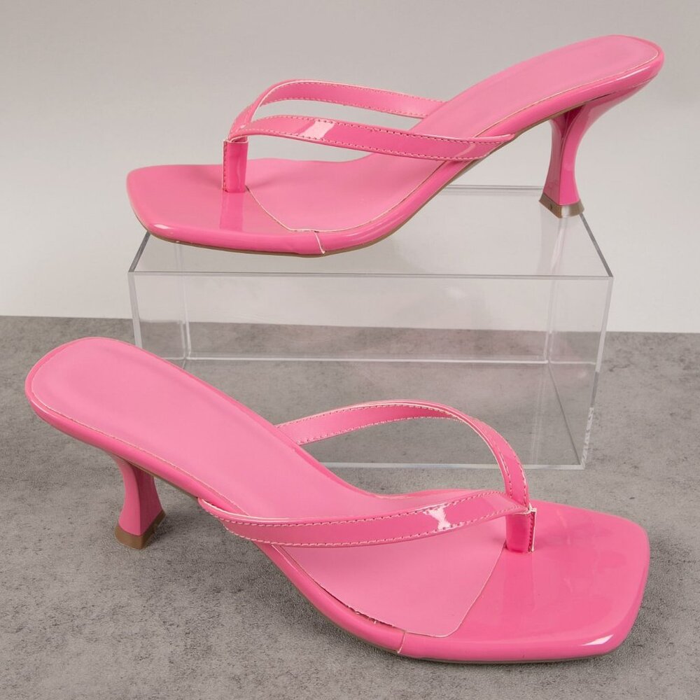 Hot Pink Casual Women's Pyramid Heel Stitch Thong Sandals - Picture 3 of 4